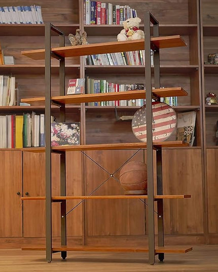 CONSDAN Industrial Bookshelf, USA Grown Hardwood, Real Wood Bookshelves, Modern Open Rustic Bookcase, Storage Shelf, Display Shelf, Poplar Solid Wood-5 Tier Shelf - LeafyLoom