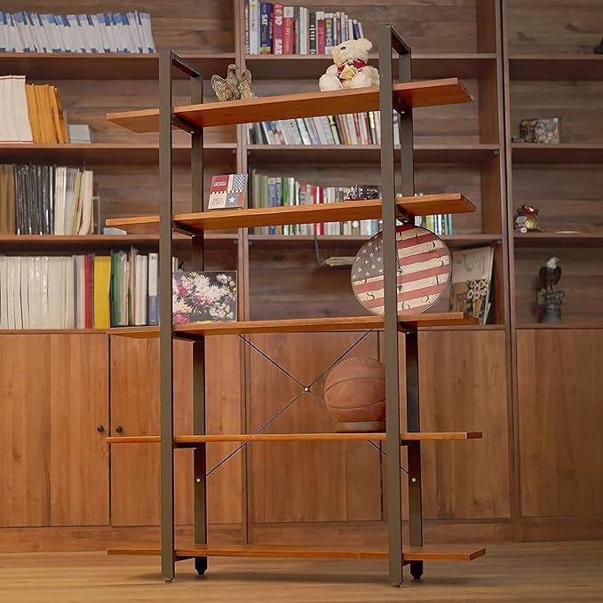 CONSDAN Industrial Bookshelf, USA Grown Hardwood, Real Wood Bookshelves, Modern Open Rustic Bookcase, Storage Shelf, Display Shelf, Poplar Solid Wood-5 Tier Shelf - LeafyLoom