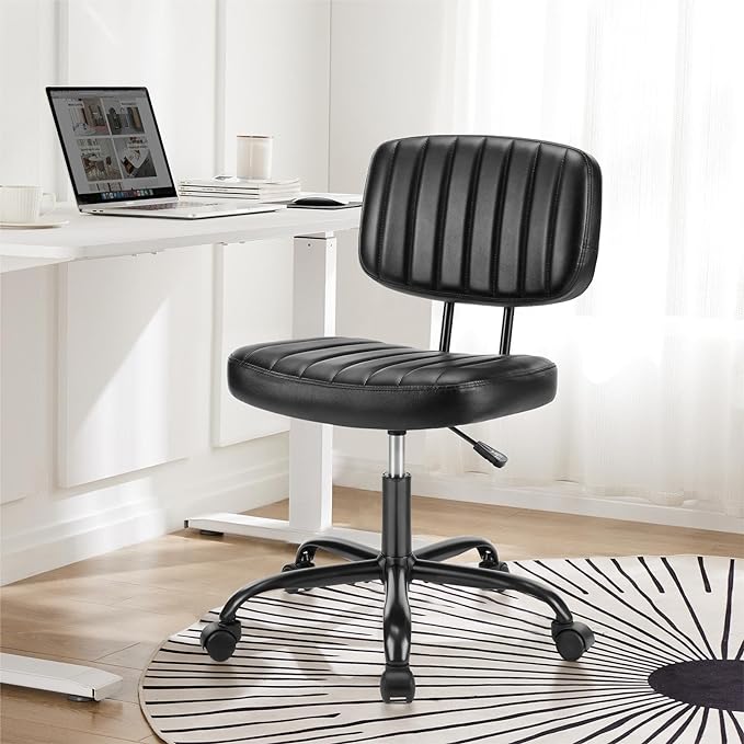 DUMOS Armless Home Office Chair Ergonomic Desk with Comfy Low Back Lumbar Support, Height Adjustable PU Leather Computer Task with 360° Swivel Wheels, for Small Space, Kids and Adults, Black - LeafyLoom