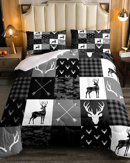 Camo Deer Comforter Set King Size,Western Rustic Farmhouse Xmas Bedding Set,Kids Boys Girls Room Decor,Antlers Arrows Geometric Plaids Comforter,Black Grey Retro Duvet Insert,3pcs,2 Pillowcases - LeafyLoom