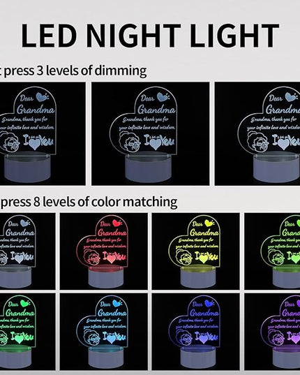 Night Light Gifts for Grandma: Engraved Acrylic LED Rechargeable Night Lamp with 3 Level of Dimming and 10 Color Modes-Grandmother's Birthday Christmas Mothers Day Gifts from Grandchildren - LeafyLoom