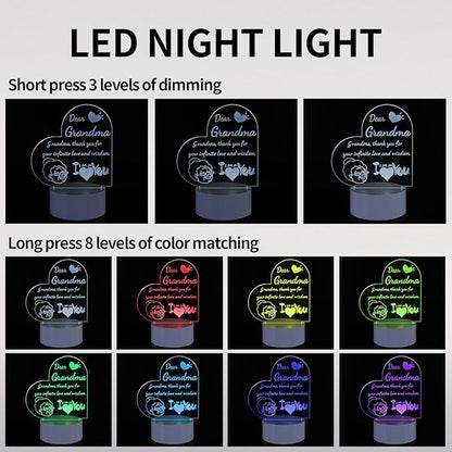 Night Light Gifts for Grandma: Engraved Acrylic LED Rechargeable Night Lamp with 3 Level of Dimming and 10 Color Modes-Grandmother's Birthday Christmas Mothers Day Gifts from Grandchildren - LeafyLoom