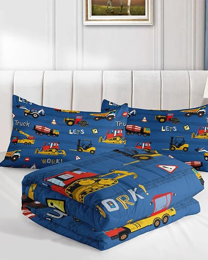 Axolotl Tractor Truck Bedding Set Queen,Excavator Comforter Set,Vehicles Truck Comforter,Boys Bedding Machinery Truck Comforter Construction Site Decor for Kids Boys Teens,1 Quilt 2 Pillowcases,Blue - LeafyLoom
