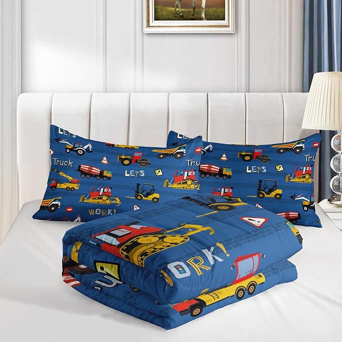 Axolotl Tractor Truck Bedding Set Queen,Excavator Comforter Set,Vehicles Truck Comforter,Boys Bedding Machinery Truck Comforter Construction Site Decor for Kids Boys Teens,1 Quilt 2 Pillowcases,Blue - LeafyLoom