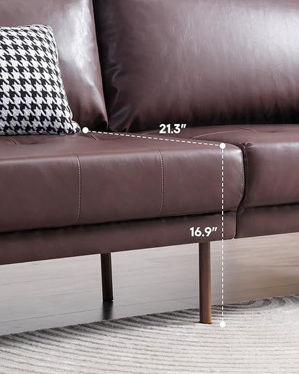 Vonanda Faux Leather Sofa Couch, Mid-Century 73 Inch 3 Seater Leather Couch with Wood Grain Metal Legs and Bolster Pillows for Living Room,Elegant Brown - LeafyLoom