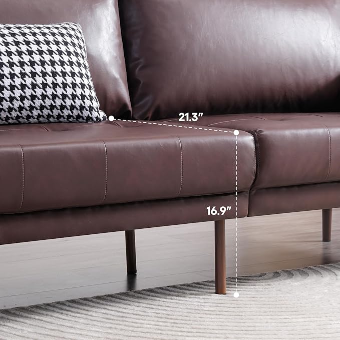 Vonanda Faux Leather Sofa Couch, Mid-Century 73 Inch 3 Seater Leather Couch with Wood Grain Metal Legs and Bolster Pillows for Living Room,Elegant Brown - LeafyLoom