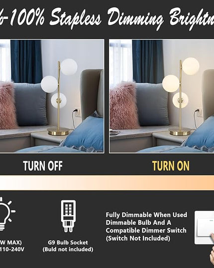 Modern Glass Globe Table Lamp 3 Lights Mid Century Small Gold Desk Lamp Contemporary Minimalist Brass Bedside Table Lamps with White Glass Shade Reading Lamp for Bedroom Office G9 MTL03-W - LeafyLoom