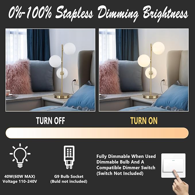 Modern Glass Globe Table Lamp 3 Lights Mid Century Small Gold Desk Lamp Contemporary Minimalist Brass Bedside Table Lamps with White Glass Shade Reading Lamp for Bedroom Office G9 MTL03-W - LeafyLoom