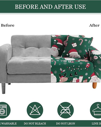 Mybedsoul Christmas Sofa Cover Santa Claus Printed Sofa Couch Cover Washable Furniture Protector with Elastic Bottom Xmas Home Room Festival Decoration(2 Seater/Loveseat) Mybedsoul