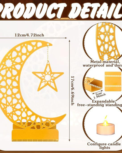 Eid Crafts Night Light 3D Metal Ramadan Eid Mubarak Ornaments Ramadan Decorations Ramadan Table Decor Ramadan Mubarak Light with 2 LED Candles for Home Eid Party Supplies (Stylish) - LeafyLoom