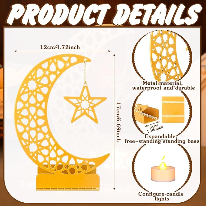 Eid Crafts Night Light 3D Metal Ramadan Eid Mubarak Ornaments Ramadan Decorations Ramadan Table Decor Ramadan Mubarak Light with 2 LED Candles for Home Eid Party Supplies (Stylish) - LeafyLoom