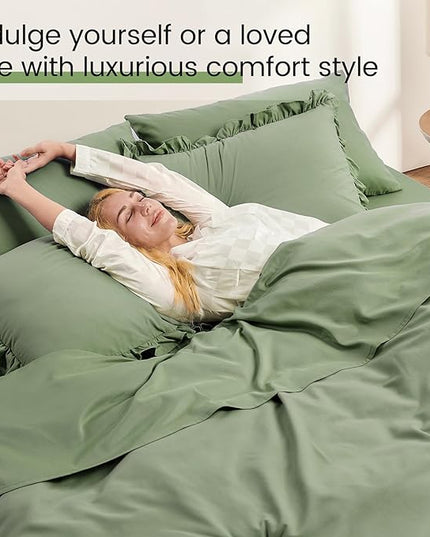 Queen Bed in a Bag 7 Pieces Comforter Set Queen, Ruffle Shabby Chic Bedding Comforter Set Green Bed Set with Comforter, Pillowcases, Flat Sheet, Fitted Sheet and Pillow Shams - LeafyLoom