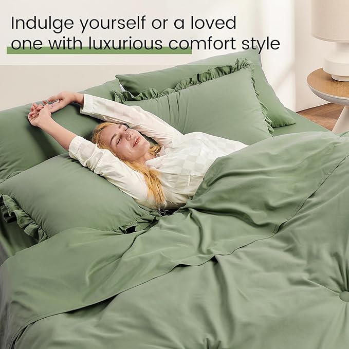 Queen Bed in a Bag 7 Pieces Comforter Set Queen, Ruffle Shabby Chic Bedding Comforter Set Green Bed Set with Comforter, Pillowcases, Flat Sheet, Fitted Sheet and Pillow Shams - LeafyLoom