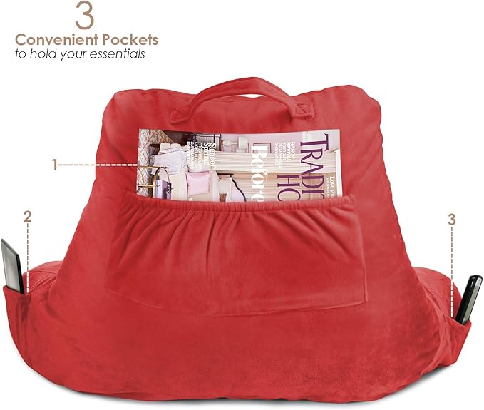 Clara Clark Reading Pillow, Standard Back Pillow for Sitting Up in Bed, Memory Foam Back Support Pillow, Reading Pillows for Sitting in Bed, Red Sit Up Pillow for Bed Chair Arm Pillow with Pockets - LeafyLoom