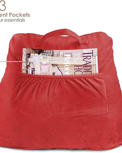 Clara Clark Reading Pillow for Kids, Small Back Pillow for Sitting Up in Bed, Memory Foam Back Support Pillow, Reading Pillows for Sitting in Bed, Red Gaming Pillow for Bed Chair with Arms and Pockets - LeafyLoom