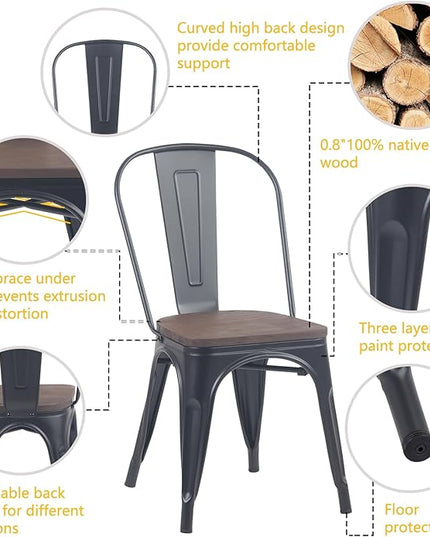 YOUNIKE Metal Dining Chairs Set of 4 Iron Stackable Removable Back Wood Seat Patio Chairs Rubber Feet Stylish Modern Indoor Outdoor Classic Chic Industrial Vintage Bistro Kitchen Matte Black - LeafyLoom