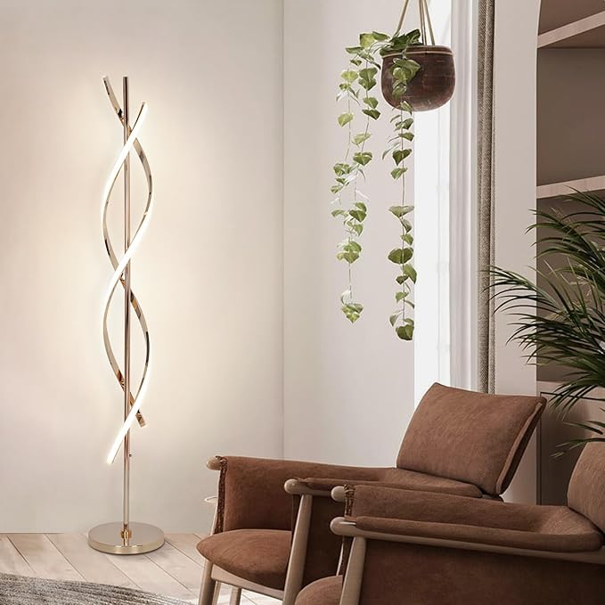 LED Modern Floor Lamp for Living Room, 40W 3 Colors Stepless Dimmable and Color-Changing Bright Floor Standing Lamp,60" Unique Spiral Floor Tall Lamp for Bedroom Office with Remote,Gold - LeafyLoom