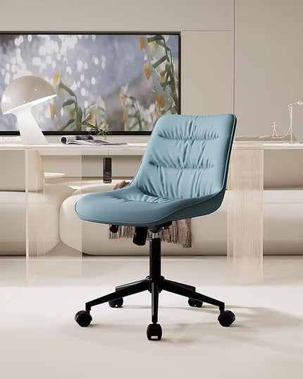 Kidol & Shellder Armless Office Chair Desk Chair Comfy Makeup Vanity Chair with Back Ergonomic Swivel Chair Home Office Desk Chairs with Wheels Rolling Computer Chair Bedroom Accent Chair(Blue) - LeafyLoom