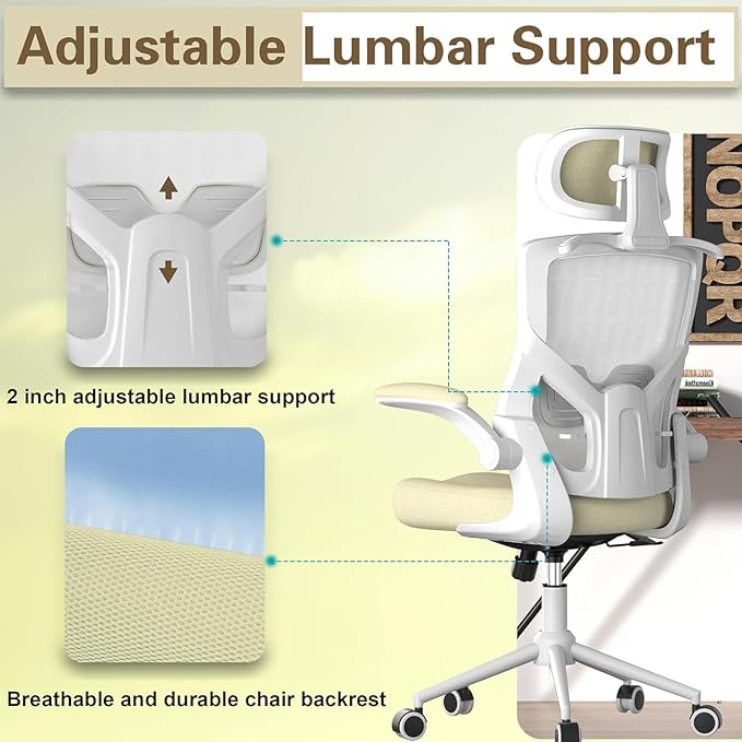 Ergonomic Office Chair, High Back Mesh Desk Chair with Thick Molded Foam Cushion, Coat Hanger, Adjustable Headrest, Lumbar Support, Tilt & Lock Function - Task Computer Chair (Beige) - LeafyLoom