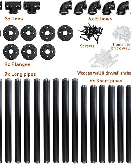 HITOMEN Industrial Iron Pipe Shelves, 3 Set 3-Tier, 28" Tall, 12" Depth, DIY Open Bookshelf Bookcase, Wall Mounted Vintage Retro Shelving, Rustic Farmhouse Pantry Kitchen Storage, Black Shelf Brackets - LeafyLoom