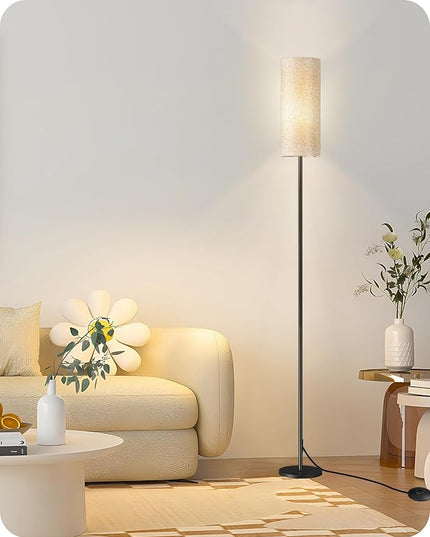 Dimmable Floor Lamp for Living Room, Corner Floor Lamp with Remote, 66'' Standing Tall Lamp, Linen Lampshade, 10W 800LM LED Bulb for Bedroom Study, FCC Listed, Black and Beige E06LD05 - LeafyLoom