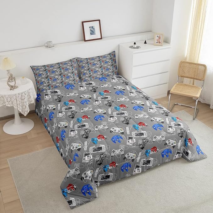 Erosebridal Gaming Comforter Set for Boys Video Games Gamer Bedding King Size Teens Kids Games Room Decor Reversible Quilt for All Season Home Decoration Cool Gamepad Print Down Comforter, Grey White - LeafyLoom