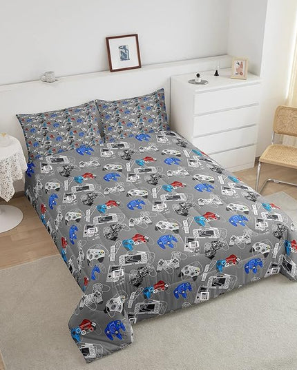 Erosebridal Gaming Comforter Set Twin for Boys Video Game Bedding Set Cartoon Gamepad Gamer Down Comforter, Soft Microfiber Grey White Reversible Bedding Comforters Game Quilt - LeafyLoom