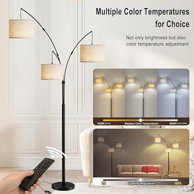 Arc Floor Lamp for Living Room with Remote Control, Dimmable Modern Mid Century 3 Lights Arched Tall Floor Lamp, Adjustable Standing Corner Lamp for Living Room Bedroom Office, Beige Lampshad (Black) - LeafyLoom