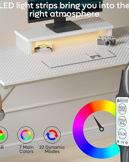 Bestier Small Gaming Desk with Monitor Stand, 42 inch LED Computer Desk, Gamer Workstation with Cup Holder & Headset Hooks, Modern Simple Style Desk for Home Office, Carbon Fiber White - LeafyLoom