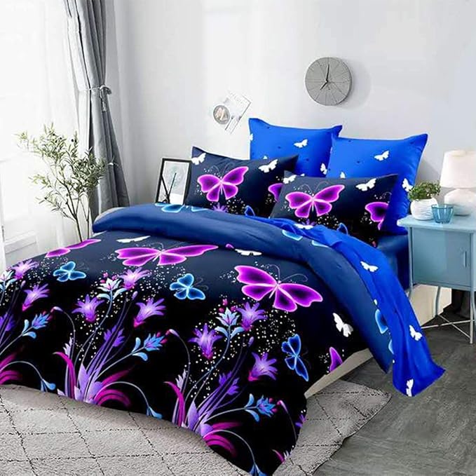 WINLIFE Butterfly Comforter Set Queen Size, 3Pcs Pink Purple Blue Black Animals Butterflies Floral Bedding Set for Girls Women, Soft Bed Set All Season Lightweight Down Alternative - LeafyLoom