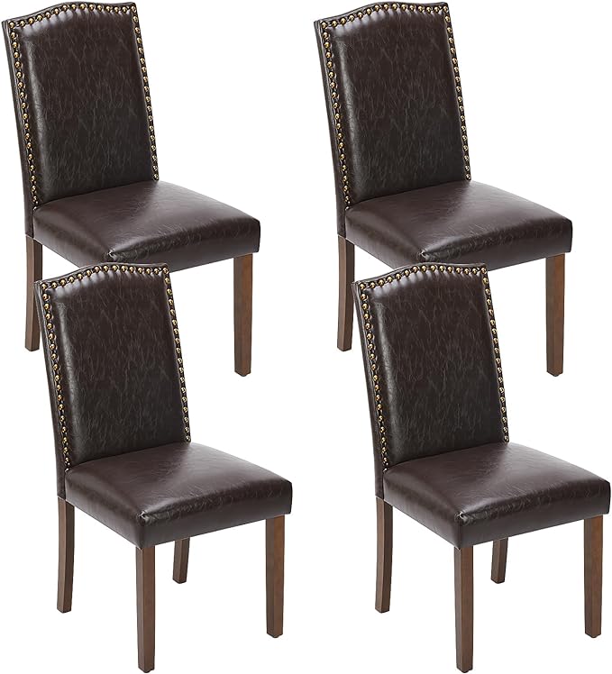 DUMOS Dining Chairs Set of 4, PU Leather Dining Room Chairs, Upholstered Parsons Chairs with Nailhead Trim & Wood Legs, Kitchen Side Chair for Dining Living Room,Bedroom - Brown - LeafyLoom