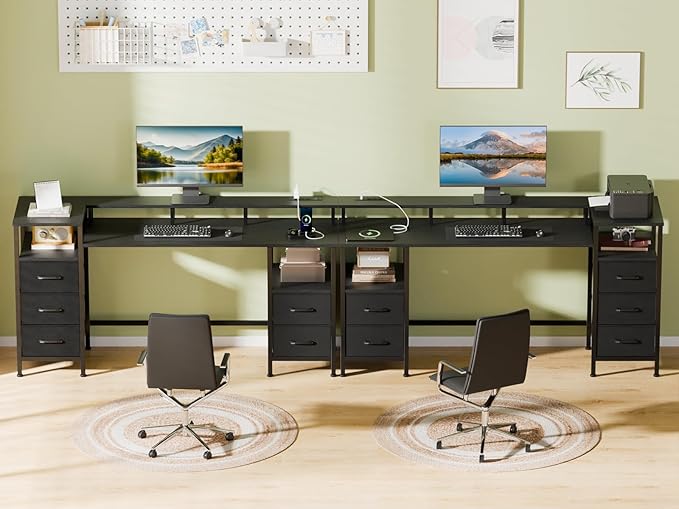 Computer Desk with Power Outlets & LED Lights, Gaming Desk with 5 Fabric Drawers for Bedroom, 55 Inch Home Office Desk with Monitor Stand & Storage Shelves for Working, Black - LeafyLoom