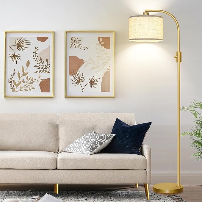 【Upgraded】 Dimmable Floor Lamp, 1200 Lumens LED Bulb Included, Gold Arc Floor Lamps for Living Room Modern Standing Lamp with Linen Shade, Tall Lamp for Living Room Bedroom Office Reading Room Nursery - LeafyLoom