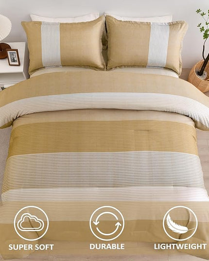 WONGS BEDDING Comforter Set Queen, Reversible Yellow Striped Patchwork Down Alternative Comforter for Queen Bed,3 Pieces (1 Comforter+2 Pillowcases), Soft Microfiber Bedding Set 90"×90" - LeafyLoom
