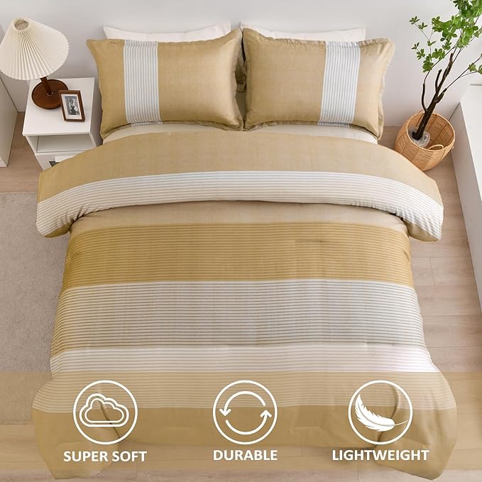 WONGS BEDDING Comforter Set Queen, Reversible Yellow Striped Patchwork Down Alternative Comforter for Queen Bed,3 Pieces (1 Comforter+2 Pillowcases), Soft Microfiber Bedding Set 90"×90" - LeafyLoom
