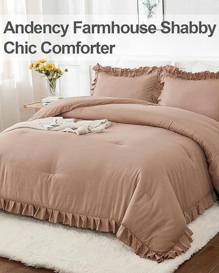 Andency Taupe Twin Size Comforter(66x90Inch), 2 Pieces(1 Ruffle Comforter and 1 Pillowcase) Solid Farmhouse Shabby Chic Comforter, Lighteweight and Soft Microfiber Bedding Set - LeafyLoom