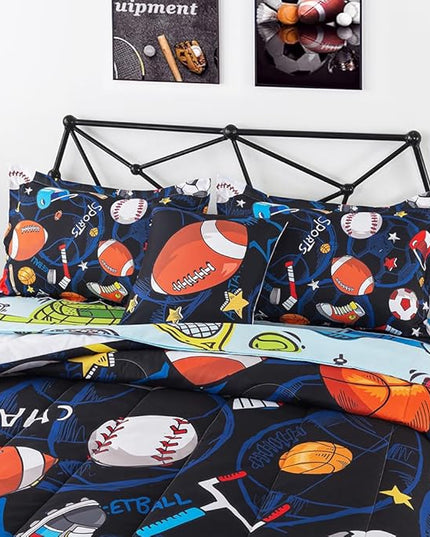 ADASMILE A & S Sports Comforter Set Twin for Boys Kids Bed in A Bag Comforter 6 Piece 3D Soccer Basketball Baseball Football Bedding Set for Kids Football Comforter with Sports Sheet Sets Home Decor - LeafyLoom