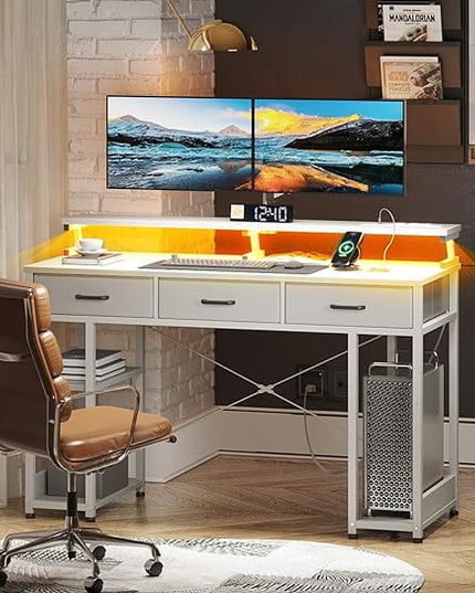 AODK 48 inch Computer Desk with 3 Drawers, Gaming Desk with LED Lights & Power Outlets, Home Office Desk with Storage Shelves & Monitor Stand, Modern Work Study Writing Table for Small Spaces, White - LeafyLoom
