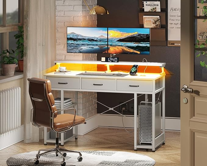 AODK 48 inch Computer Desk with 3 Drawers, Gaming Desk with LED Lights & Power Outlets, Home Office Desk with Storage Shelves & Monitor Stand, Modern Work Study Writing Table for Small Spaces, White - LeafyLoom