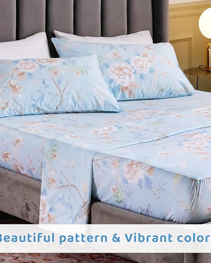 QSH 100% Egyptian Cotton Cal King Sheets, Blue Bird Plant Pattern Botanical Luxury Cotton Printed Flower California King Bedding Sheets, 4pcs Deep Pocket California King Floral Bed Sheet Set - LeafyLoom