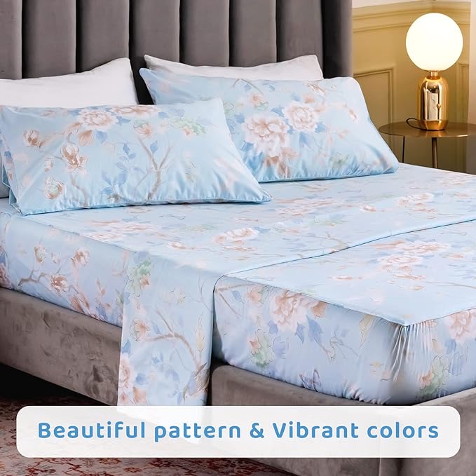 QSH 100% Egyptian Cotton Cal King Sheets, Blue Bird Plant Pattern Botanical Luxury Cotton Printed Flower California King Bedding Sheets, 4pcs Deep Pocket California King Floral Bed Sheet Set - LeafyLoom