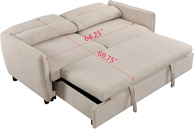 Queen Size Loveseat Sleeper Sofa,3 in 1 Soft Corduroy Upholstered Oversized Convertible Love Seat Sofabed cum Daybed W/Pull Out Sleep Couch Bed and Reclining Backrest for Living Space, 75“, Beige - LeafyLoom
