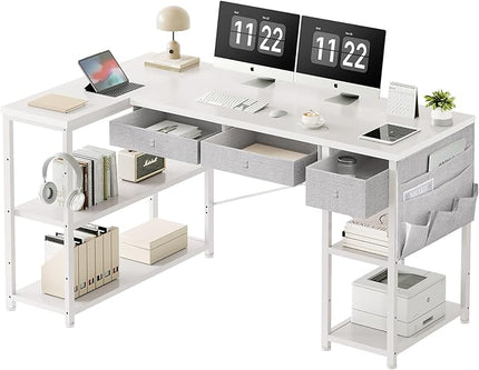 Ｍａｉｈａｉｌ Home Office Desk with Drawers and Shelves, 55” Computer Corner Desk for Small Space, Small L Shaped Desk with Side Storage for Bedroom, White - LeafyLoom