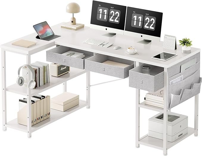 Ｍａｉｈａｉｌ Home Office Desk with Drawers and Shelves, 55” Computer Corner Desk for Small Space, Small L Shaped Desk with Side Storage for Bedroom, White - LeafyLoom