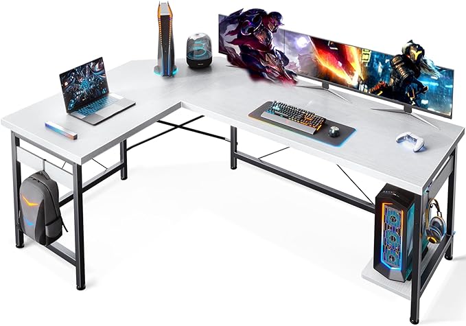 Coleshome 59" L Shaped Gaming Desk, Corner Computer Desk, Sturdy Home Office Table for Writing, Larger Workstation, White - LeafyLoom