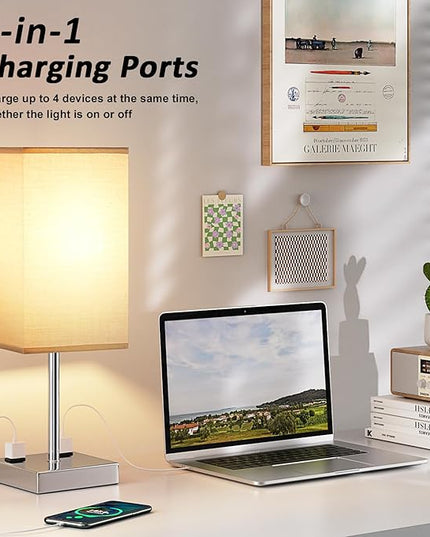Touch Bedside Table Lamp For Nightstand - 3-Way Dimmable Night Lamp with USB A + Type C Charging Ports and two AC Outlets, Small Desk Light with E26 LED Bulb for Bedroom Living Room, GREY PLUS - LeafyLoom