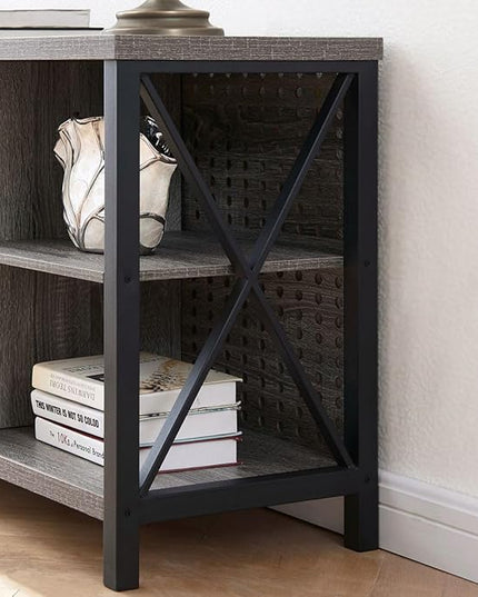 LVB Rustic Entertainment Center for 65 Inch TV, Industrial Wood TV Stand with Media Cabinet Storage, Farmhouse Metal Television Stands Console Table for Home Living Bedroom, Light Grey Oak, 55 Inch - LeafyLoom