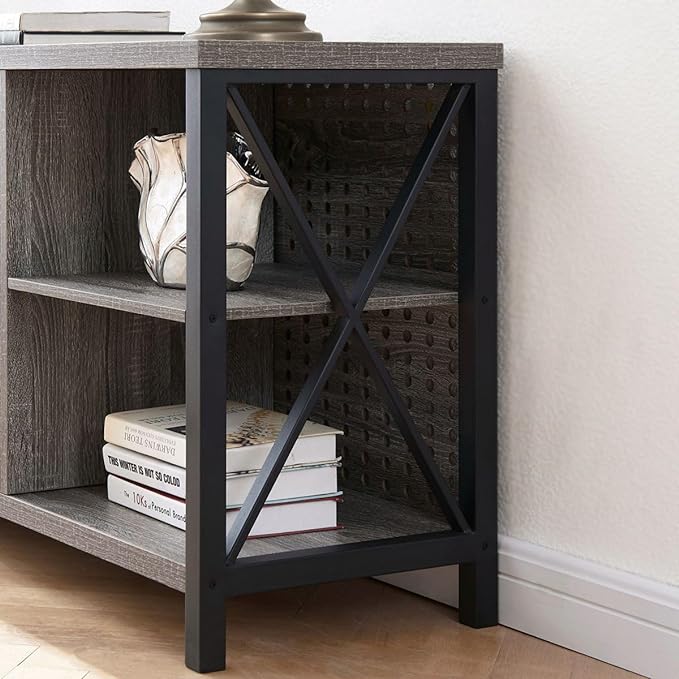 LVB Rustic TV Stand for 55 Inch TV, Industrial Home Entertainment Center with Cabinet Storage Shelf, Modern Wood and Metal Television Media Console Table for Bedroom Living Room, Light Gray Oak, 47 In - LeafyLoom