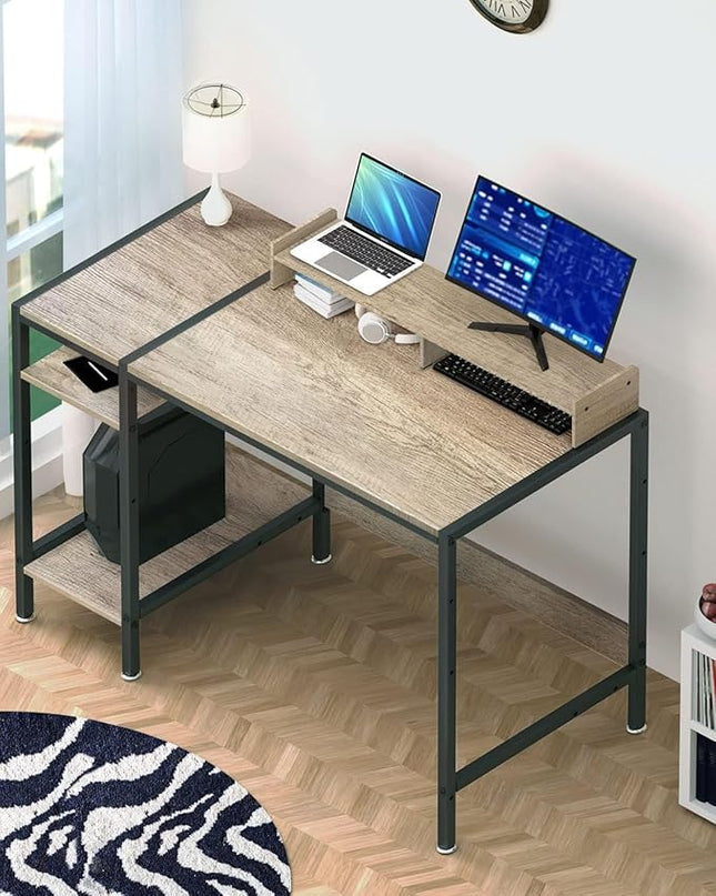 Computer Desk - 47” Gaming Desk, Home Office Desk with Storage, Small Desk with Monitor Stand, Writing Desk for 2 Monitors, Adjustable Storage Space, Modern Design Corner Table - LeafyLoom