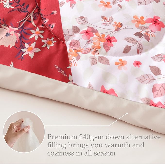 Whale Flotilla Queen Full Comforter Set, Soft Reversible Red Bedding Comforter Set with Boho Pattern, 1 Micoriber Patchwork Comforter and 2 Pillow Shams, 3 Pieces - LeafyLoom